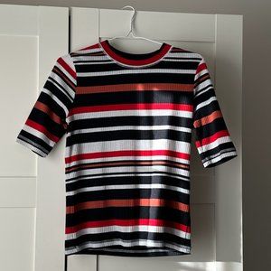 Forever 21 Black and Red Striped Short Sleeve (Large)